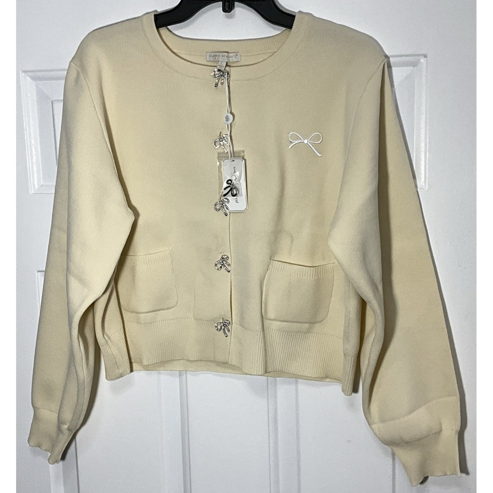 Simply Southern Off White Bow Button Cardigan Sweater Boutique Style Women Large